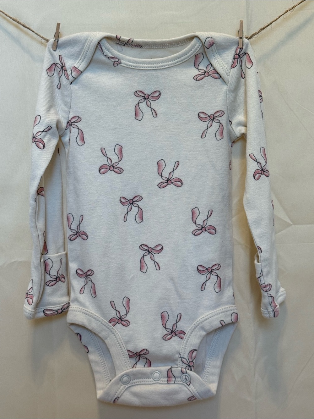 Carter’s - Long-Sleeve Bow Print One-Piece Bodysuits - Pink & White - Picture 2 of 16